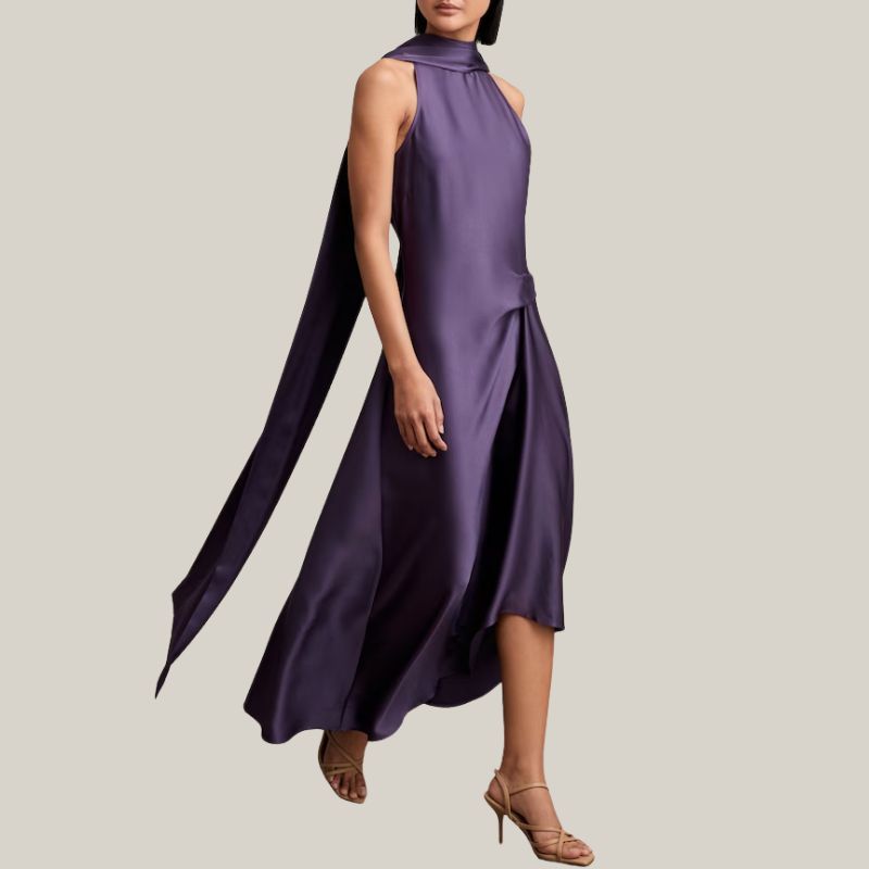 Michelle Satin Tuck-Detail Cape Midi Dress in Purple on model