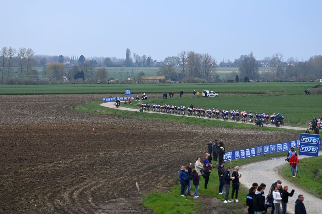 ROUBAIX FRANCE APRIL 08 A general view of the peloton passing through the Orchies cobblestones sector during the 3rd ParisRoubaix Femmes 2023 a 1454km one day race from Denain to Roubaix UCIWWT on April 08 2023 in Roubaix France Photo by Tim de WaeleGetty Images