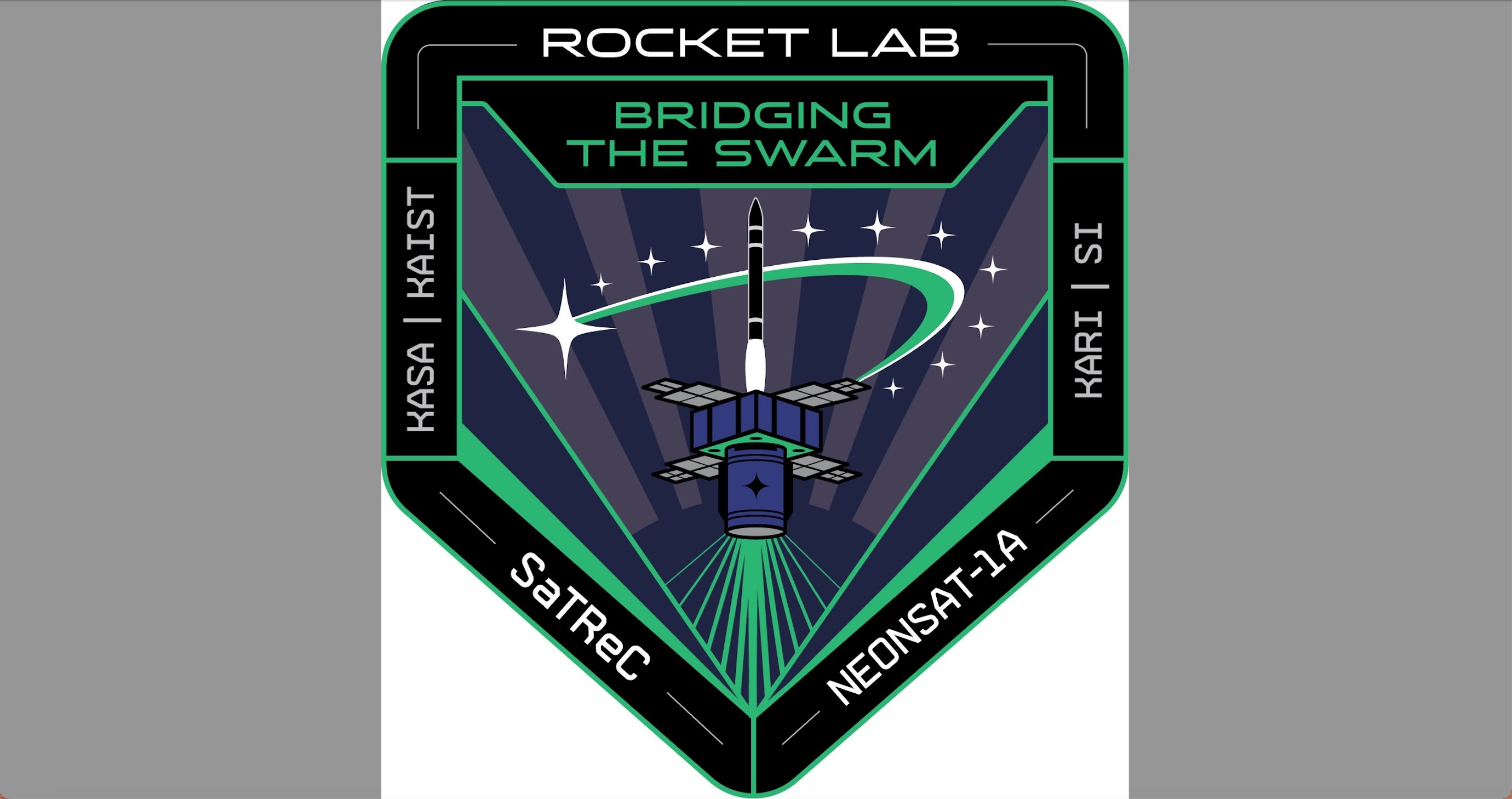 a pentagonal space mission patch, with the words &quot;rocket lab&quot; and &quot;bridging the swarm&quot; near the top