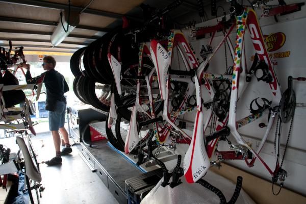 Ralf Medlaff stores bikes at the end of another training day.