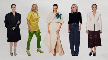 A collage of women designers available at Nordstrom: Miuccia Prada, Aurora James, Tory Burch, Grace Wales Bonner, Catherine Holstein