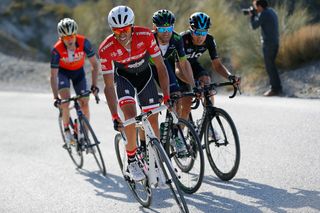 Alberto Contador rides with the leaders during a climb on stage 1 at Ruta del Sol