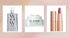 Collage of beauty products (L-R) Color Wow Dream Coat Spray, ELEMIS Pro-Collagen Marine Cream SPF 30 and Charlotte Tilbury Pillow Talk Lipstick on a pink background