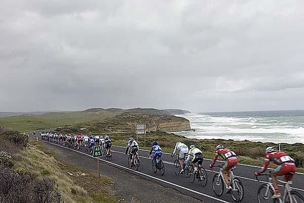 The weather was threatening for the peloton on the roads adjacent to the coastline near Port Campbell.