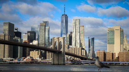 The skyline of Manhattan is seen, including the Brooklyn Bridge and One World Trade Center. 
