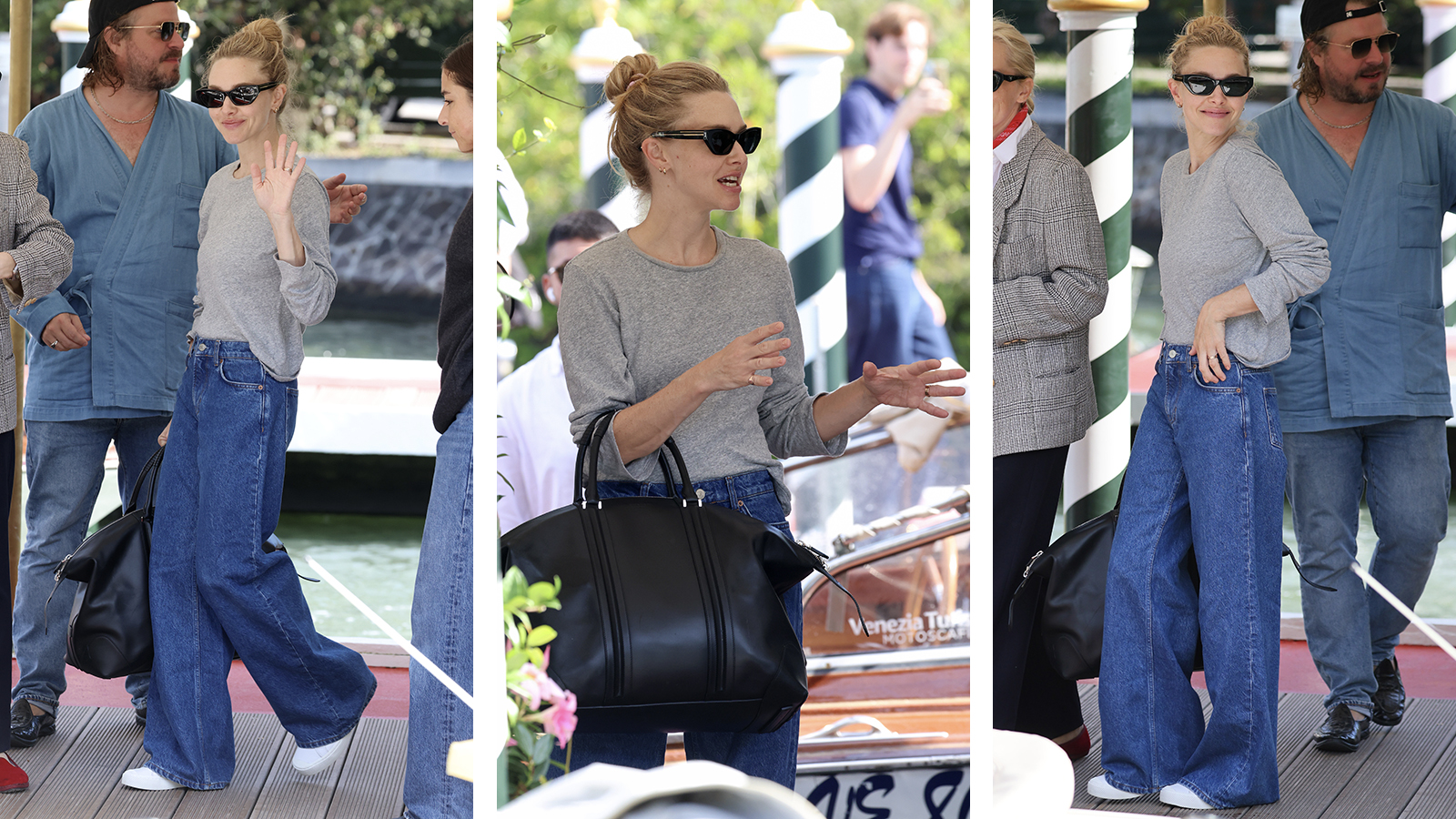 Amanda Seyfried at Venice Film Festival wearing blue jeans and a grey sweater