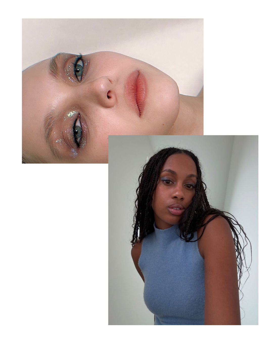 Two people wearing sparkly eye makeup.