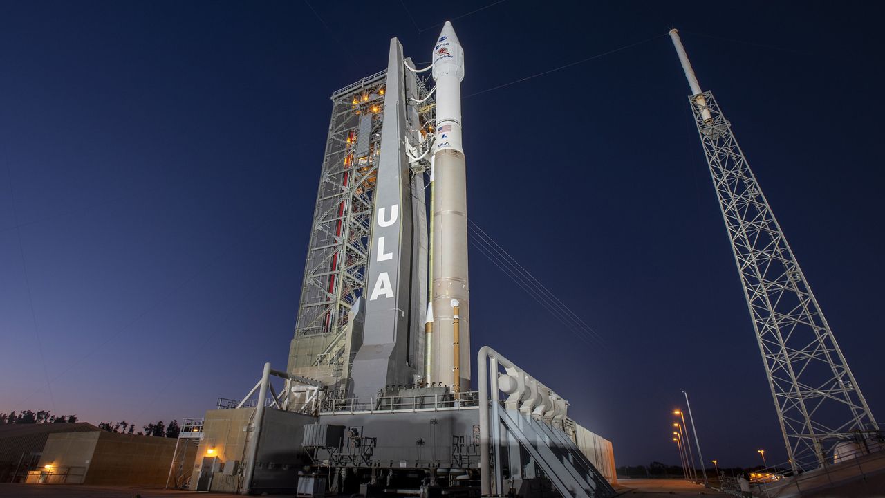 The United Launch Alliance (ULA) Atlas V rocket and Solar Orbiter sit on Space Launch Complex 41 (SLC-41) at Cape Canaveral at sunset.
