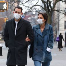 new york city, ny january 13 katie holmes and emilio vitolo jr are seen on january 13, 2021 in new york city, new york photo by megagc images