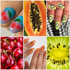 fruit nail designs next to cherries, papaya, and kiwi on a grid background