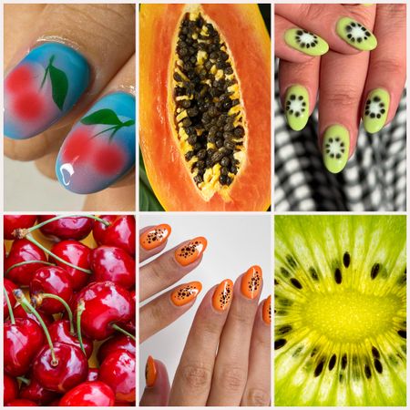 fruit nail designs next to cherries, papaya, and kiwi on a grid background