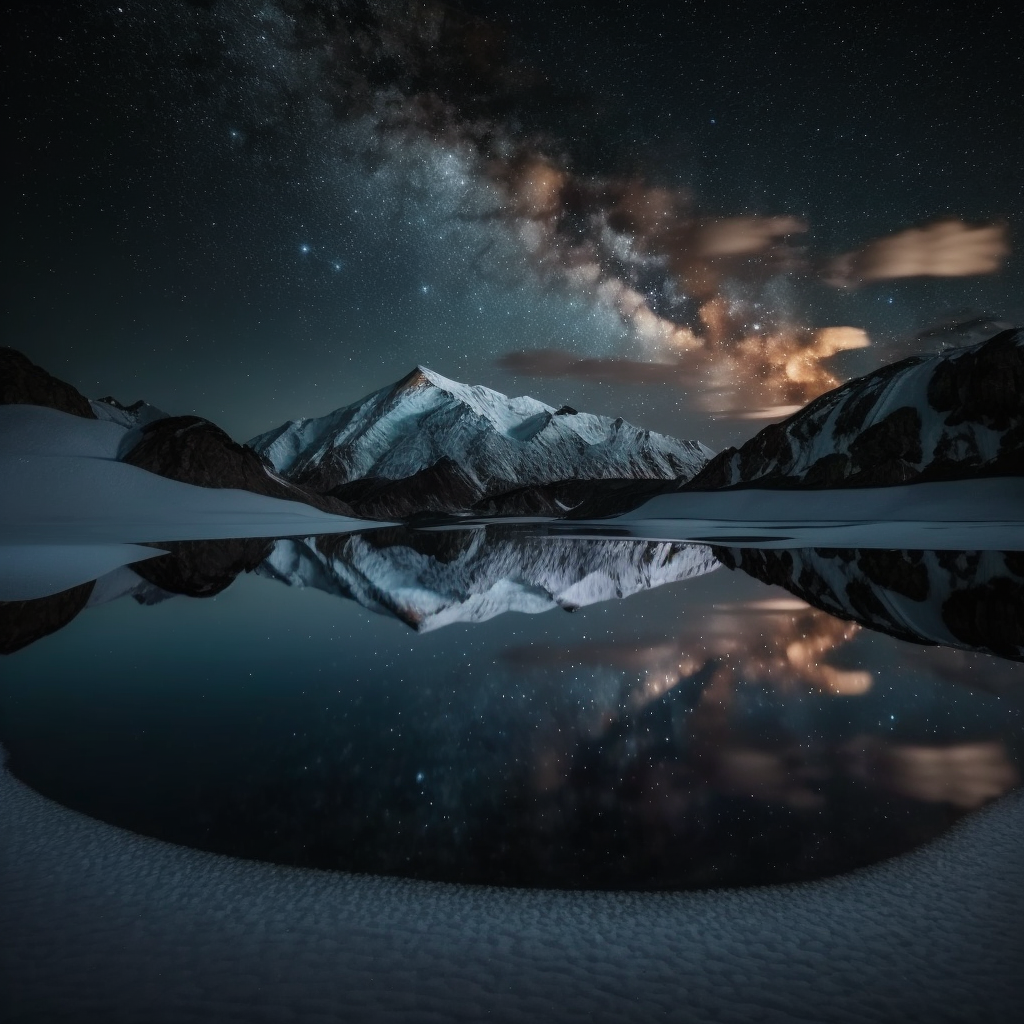 Ai generated image with word prompts clear night sky milkyway over snowcapped mountain reflected in lake, realistic photo, wide angle lens