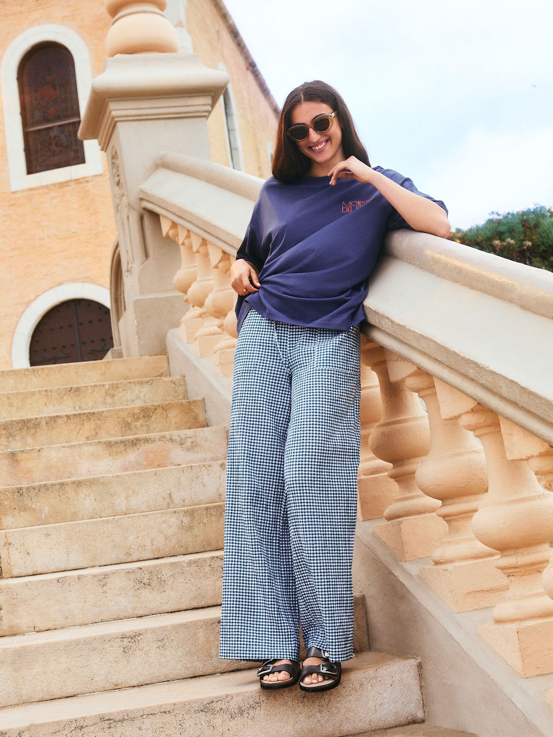 Blue/green Textured Gingham Wide Leg Trousers