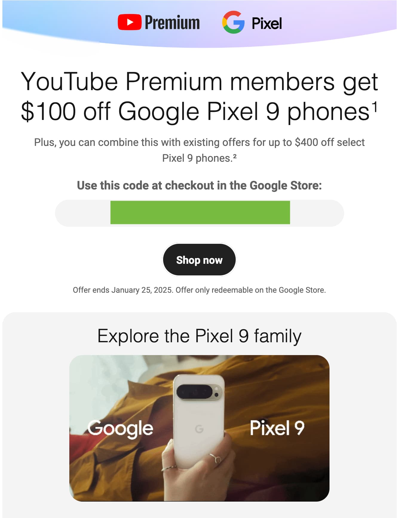 Pixel 9 promo code sent via email to YouTube Premium users