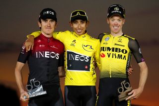 Jumbo-Visma’s Steven Kruijswijk (right) shared the final podium in Paris at the 2019 Tour de France with Team Ineos pair Egan Bernal and Geraint Thomas