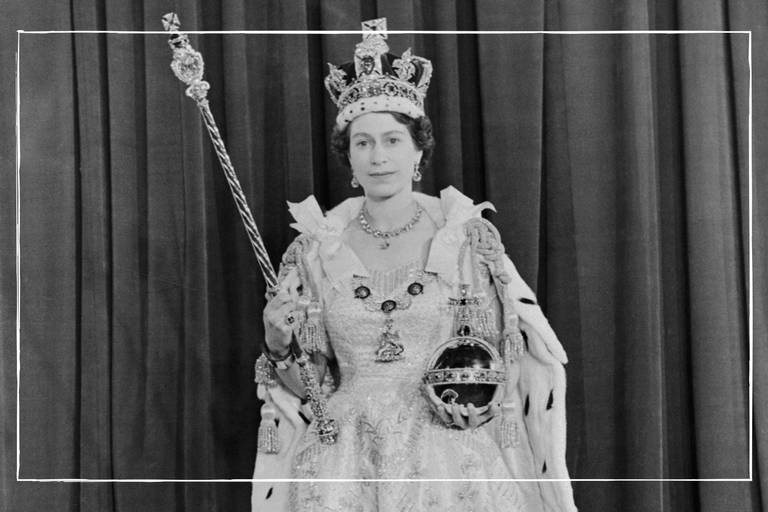 a close up of Elizabeth II on her coronation day with a white border