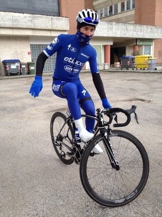 Gianluca Brambilla tries a track stand as he waits for the team's training ride