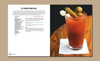 Open book spread, drink recipe and image, beige background
