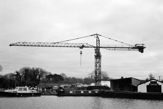 Crane for lifting boats out of the nearby canal for repair taken on Ilford XP2 Super 35mm film