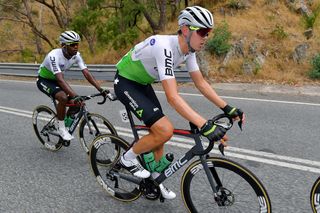 Ben O'Connor and Nicholas Dlamini in action during stage 2 at the Tour Down Under