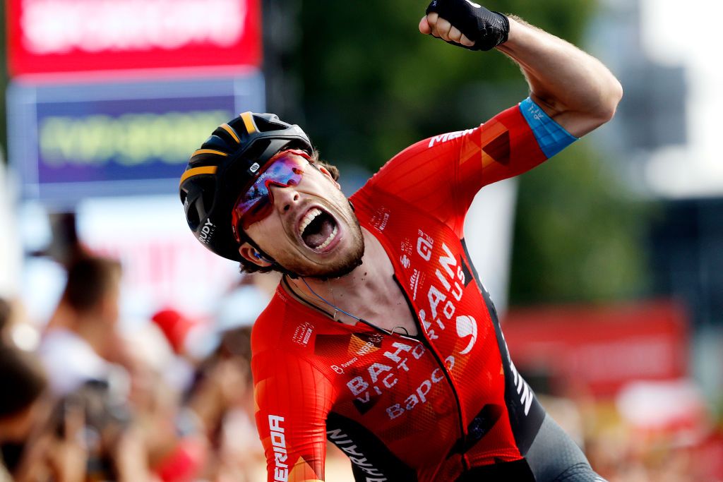 RZESZOW POLAND AUGUST 03 Phil Bauhaus of Germany and Team Bahrain Victorious celebrates winning during the 79th Tour de Pologne 2022 Stage 5 a 1781km stage from Lancut to Rzeszow TdP22 WorldTour on August 03 2022 in Rzeszow Poland Photo by Bas CzerwinskiGetty Images