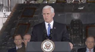 Vice President Mike Pence speaks at a meeting of the National Space Council Feb. 21 at NASA's Kennedy Space Center in Cape Canaveral, Florida.