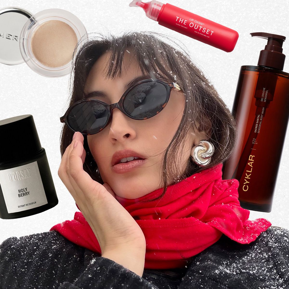An image ofBest Knockoff Luxury Clothing
 associate beauty editor Alyssa Brascia wearing a coat, scarf, sunglasses, and earrings in the snow, split by gifs of beauty products in her winter edit. 