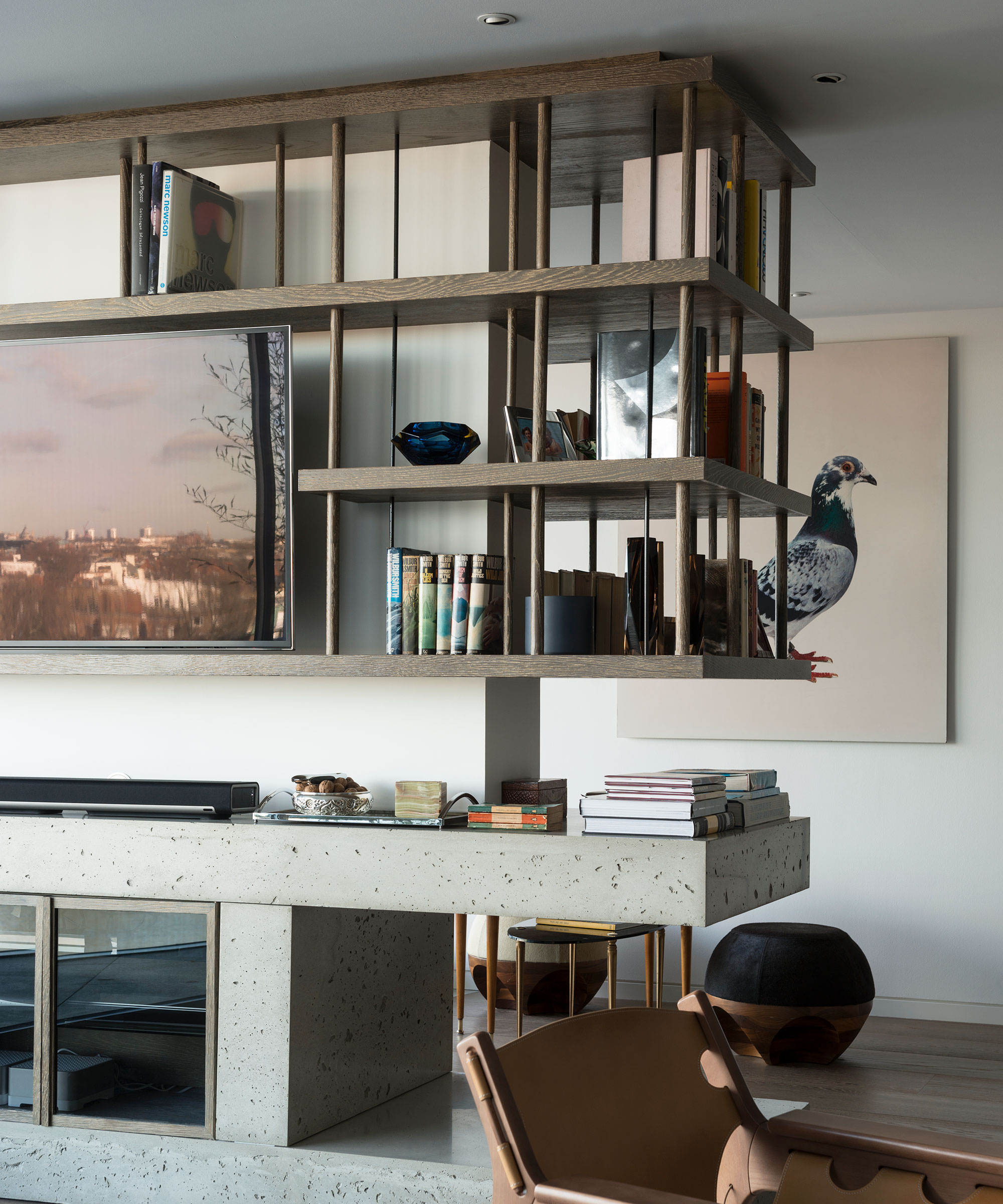 Living room with room divider shelving