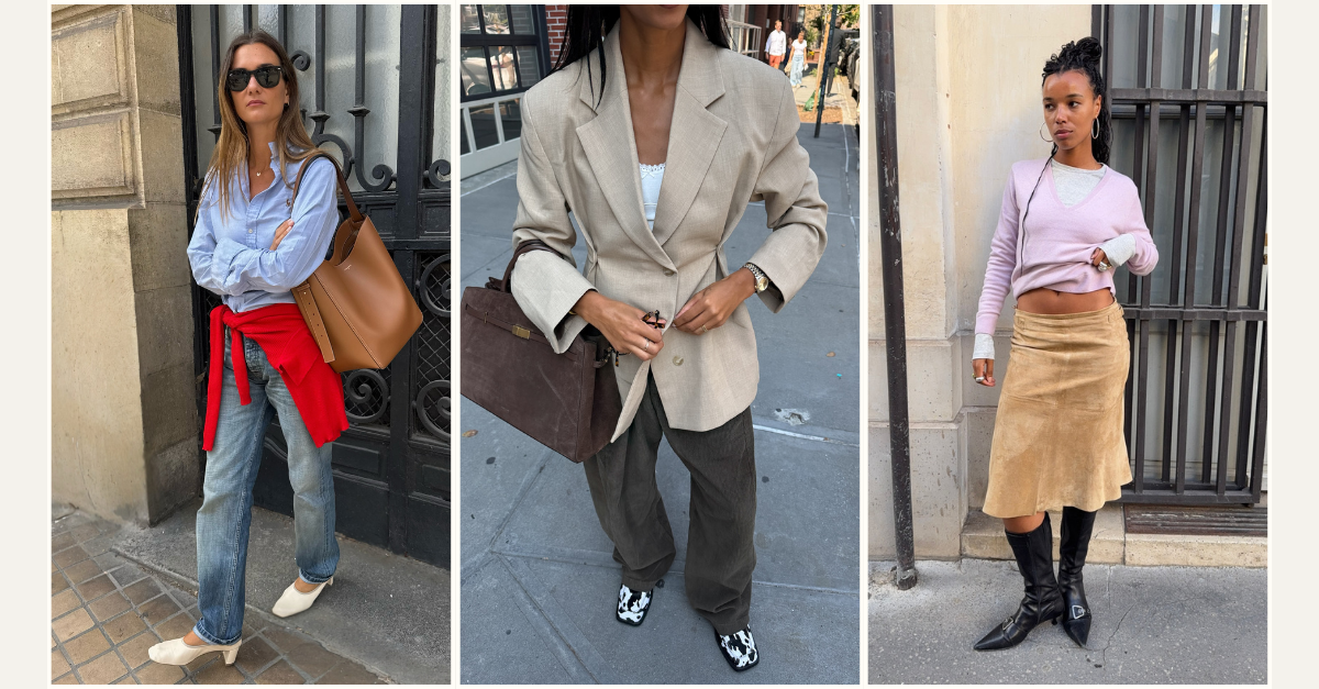 An image of three influencers wearing alternatives to dated autumn shoe trends, including heeled ballerinas, animal print loafers and kitten-heel boots