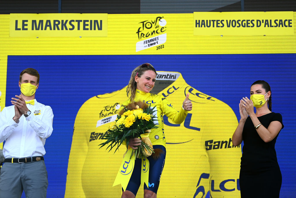 LE MARKSTEIN FRANCE JULY 30 Annemiek Van Vleuten of Netherlands and Movistar Team celebrates winning the yellow leader jersey on the podium ceremony after the 1st Tour de France Femmes 2022 Stage 7 a 1271km stage from Slestat to Le Marksteinc TDFF UCIWWT on July 30 2022 in Le Markstein France Photo by Tim de WaeleGetty Images