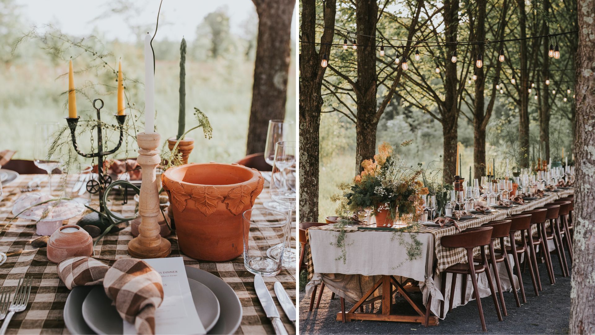 Close up of tablescape with gingham tablecloth, terracotta pots and taper candles and shot of whole table in the trees