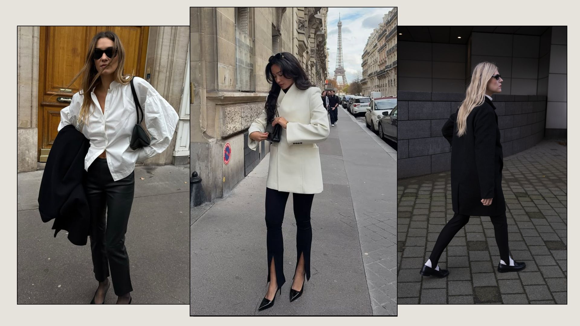 A collage of the biggest leggings trends for 2026, including split-hem leggings, stirrup leggings and leather-effect leggings.