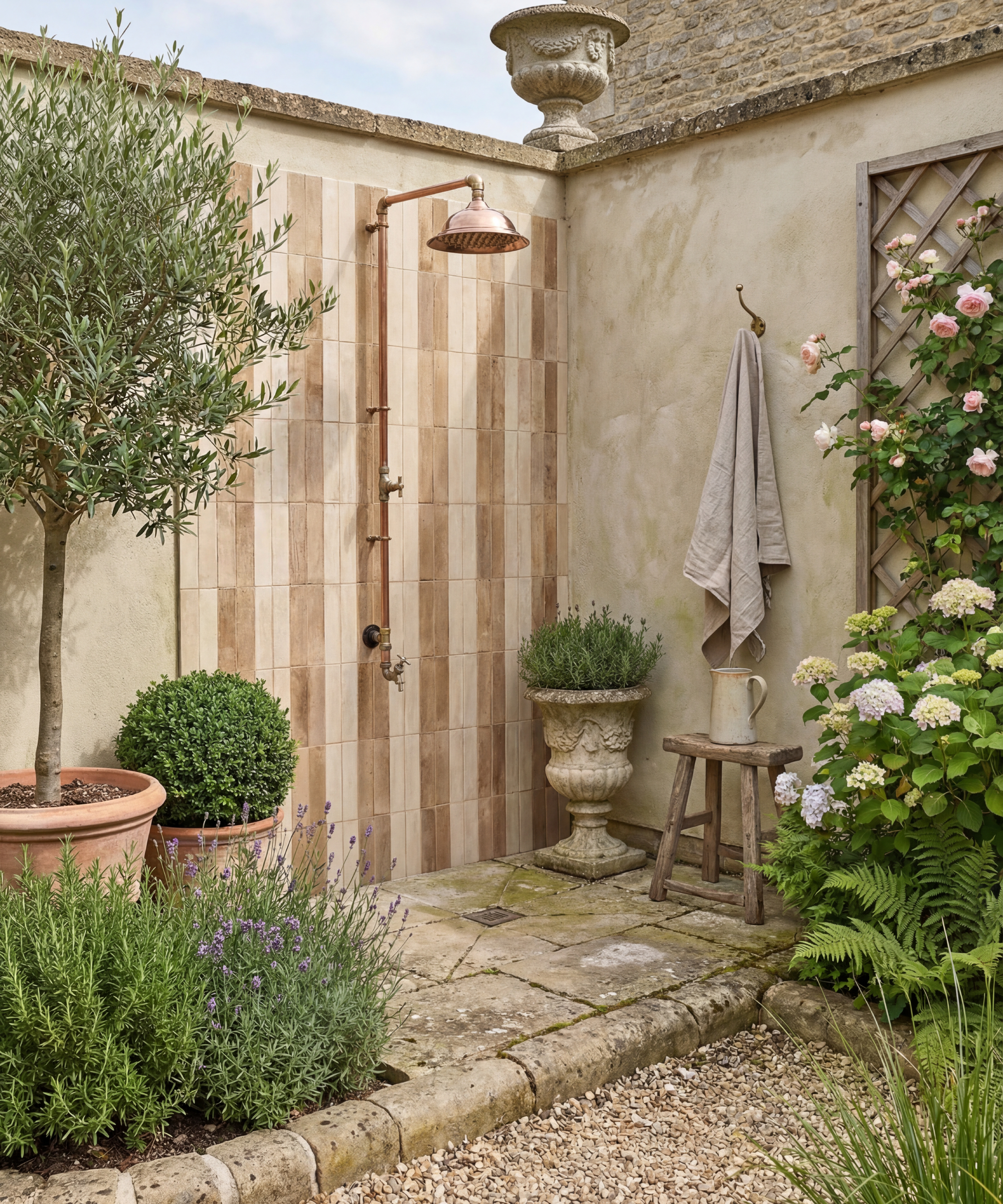 corner of walled patio with raised paving and an outdoor shower fitted to tiled section on back wall, green plants and trees planted in garden beds to both sides