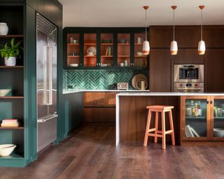 Mix and match kitchen cabinets with wood floor