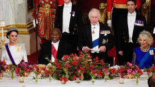 LONDON, ENGLAND - NOVEMBER 22: (Left to right) Catherine, Princess of Wales, President Cyril Ramaphosa of South Africa, King Charles III and Camilla, Queen Consort during the State Banquet at Buckingham Palace during the State Visit to the UK by President Cyril Ramaphosa of South Africa on November 22, 2022 in London, England. This is the first state visit hosted by the UK with King Charles III as monarch, and the first state visit here by a South African leader since 2010.