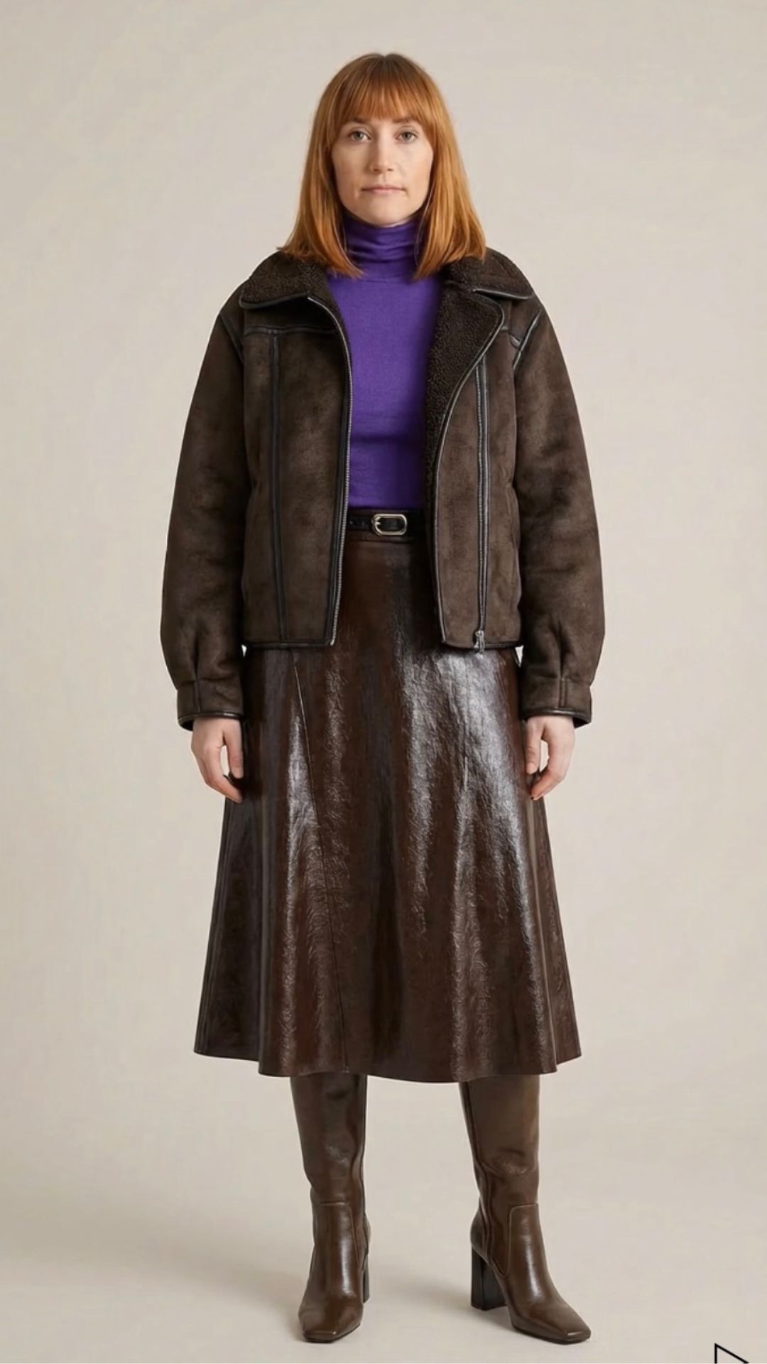 matilda wearing a jacket and skirt outfit generated by zara ai tool