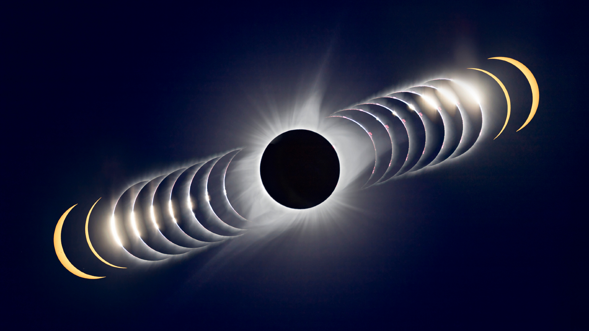 A compilation of eclipse images making a time lapse photo showing a dark dot in the center for a full totality solar eclipse
