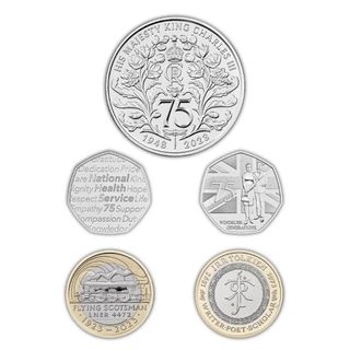 Five royal mint coins in silver and gold