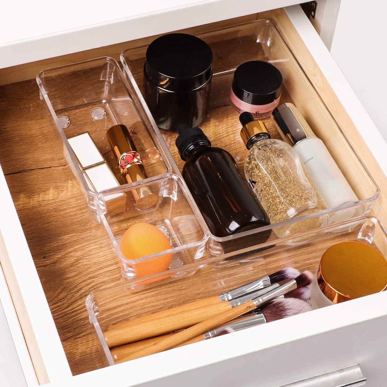 bathroom drawer storage with clean compartments for make up 