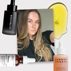 A picture of beauty editor Kaitlyn McLintock wearing Vintner's Daughter Active Botanical Serum surrounded by some of the best face oils for dry skin.