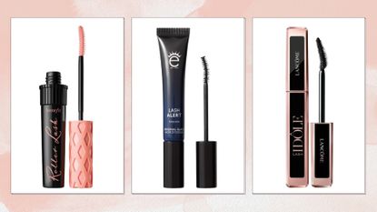 A selection of the best mascaras for straight lashes from benefit, Eyeko and Lancôme/ in a pink watercolour paint-style template