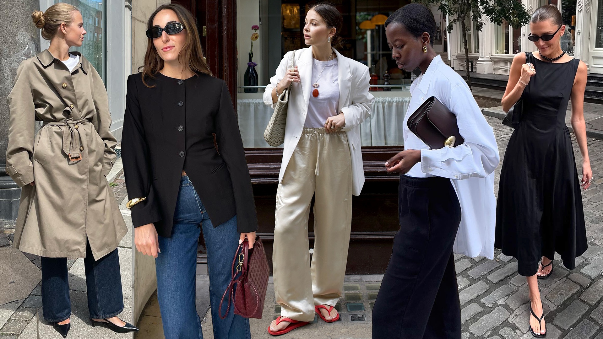 fashion collage of style influencers wearing elevated basics like black shoes, blazers, relaxed pants, button-down shirts, and dresses