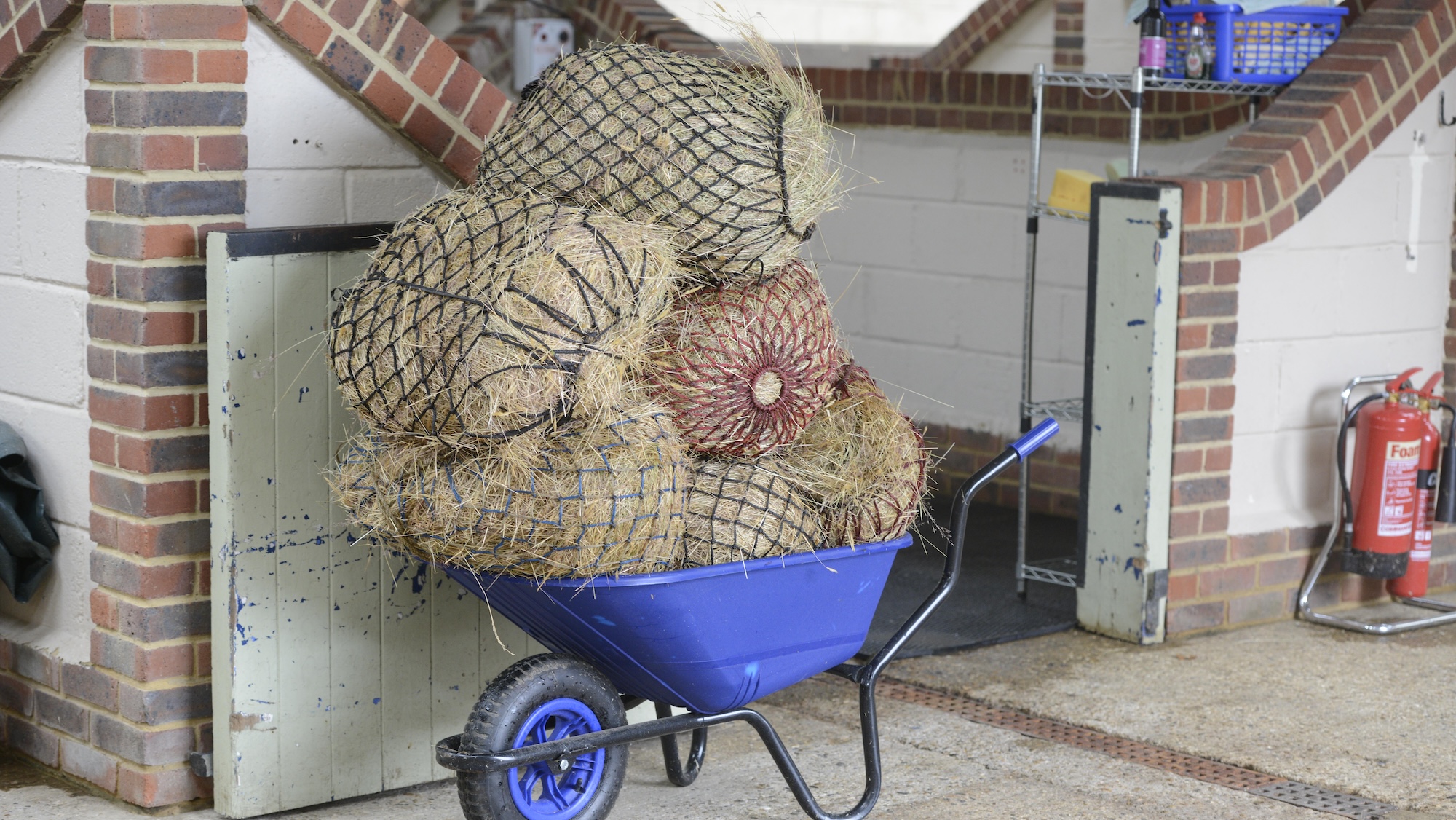 HAYNETS IN WHEELBARROW ON SMART YARD LIVERY BRICK ROUND BALES FIRE EXTINGUISHER STOCK WASH BAY INDOOR BARN