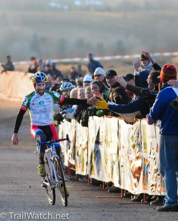 Tim Johnson (Cannondale/Cyclocrossworld.com) celebrates his victory with the large Fort Collins crowd.