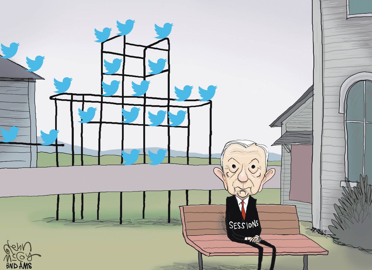 Political cartoon U.S. Trump Sessions tweets The Birds&amp;amp;nbsp;Hitchcock