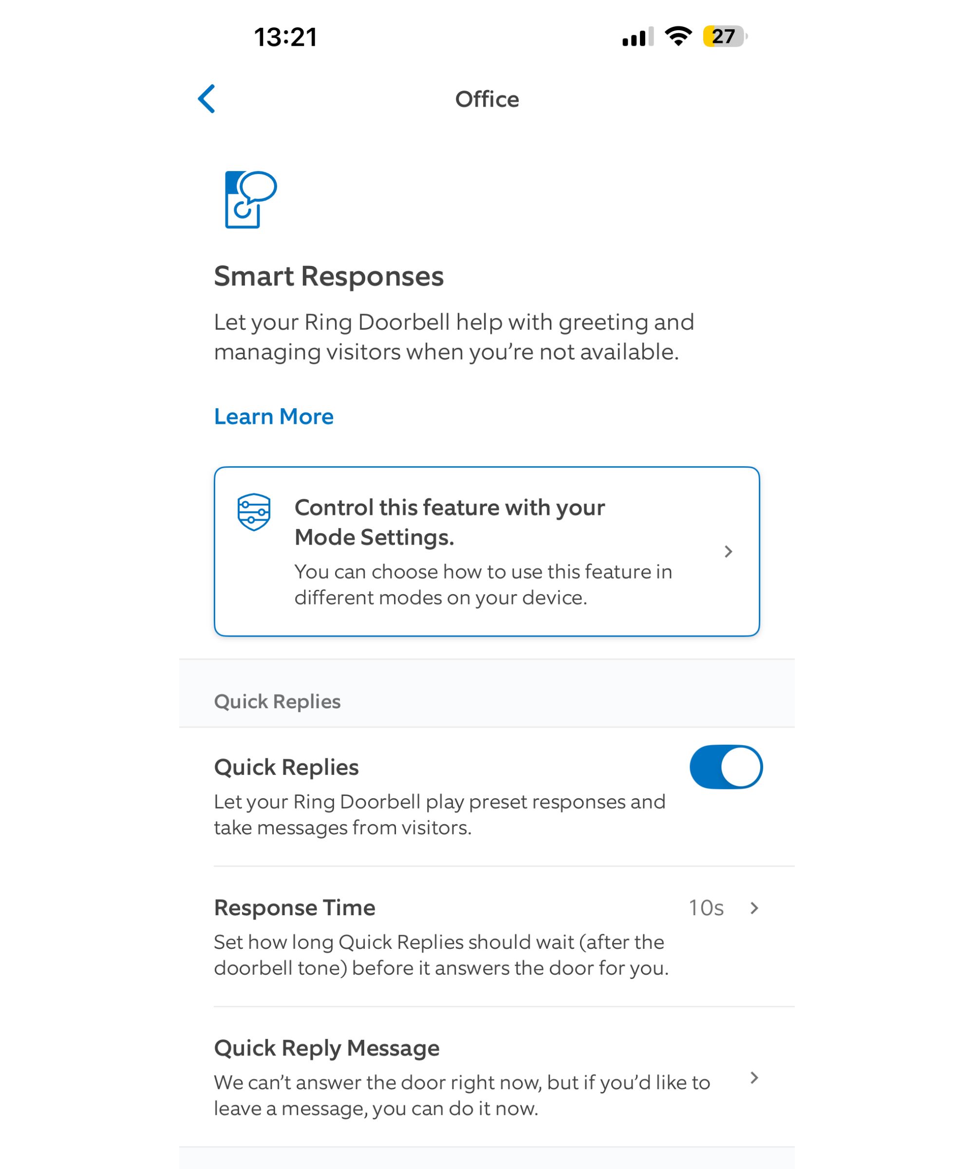 Smart responses for the Ring Battery Doorbell Pro on the Ring app