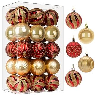 Shareconn Christmas Tree Decorations Baubles 30pcs 60mm Ornaments,shatterproof Balls Hanging Decorations for Christmas Tree, Colored Christmas Baubles for Holiday Party,pre-Hanged Strings,red & Gold