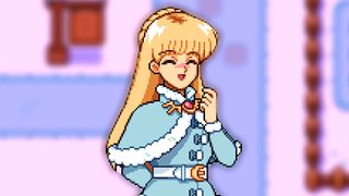 Fields of Mistria screenshot showing a smiling girl with long blonde hair and a pale blue wintery dress coat