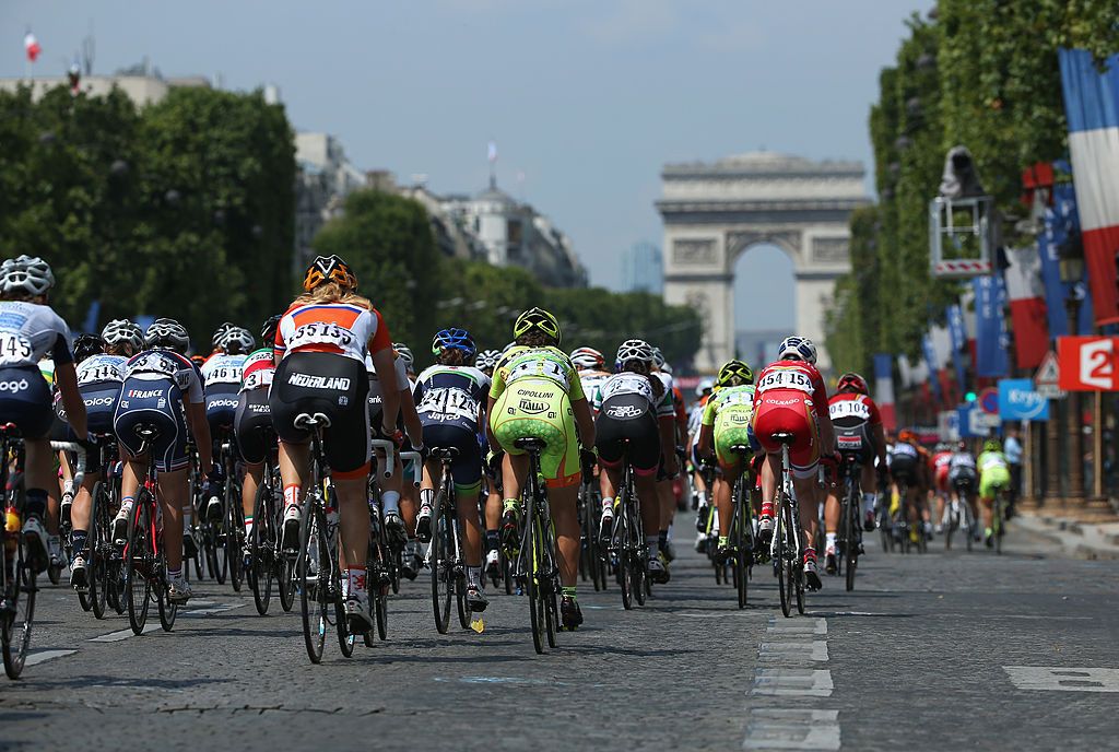 in action during &#039;La Course by Le Tour de France&#039; on July 27, 2014 in Paris, France. In this historic first edition of the event, female professional riders will race 90km on Champs Elysees prior to the arrival of the Men&#039;s Tour de France final stage.