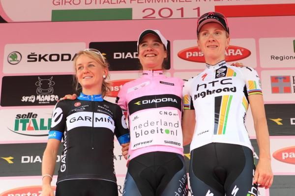 The race podium - Emma Pooley (Garmin-Cervelo), Marianne Vos (Nederland Bloeit) and Judith Arndt (HTC-Highroad).